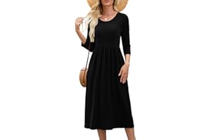 Heymoments Women's Casual 3/4 Sleeve Midi Dress Crewneck A Line Tiered Flowy Loose Travel Long Dresses with Pockets