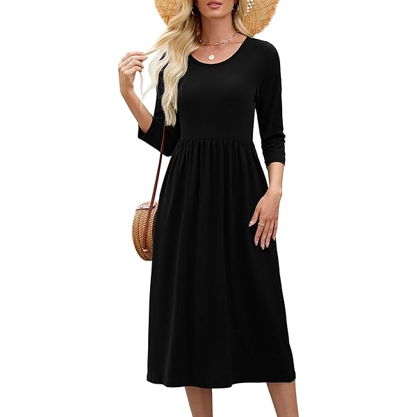 Formal Boat Neck Dress Versear Women Button Down Loose Shirt Dress Pockets Long  Sleeve Swing Midi
