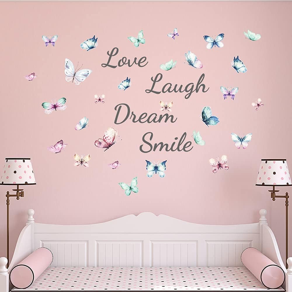 Supzone Love Laugh Wall Stickers Colorful Butterfly Inspirational Wall Decals Watercolor Sayings Words Wall Art Sticker for Living Room Bedroom Kitchen Home Decor