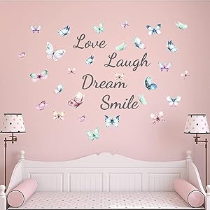 Supzone Love Laugh Wall Stickers Colorful Butterfly Inspirational Wall Decals Watercolor Sayings Words Wall Art Sticker for Living Room Bedroom Kitchen Home Decor