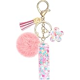 JSRQT Initial Letter Keychain for Girls, Cute Pink Flower Resin Alphabet Keyrings, Sequins Flower Bag Charm Pendants