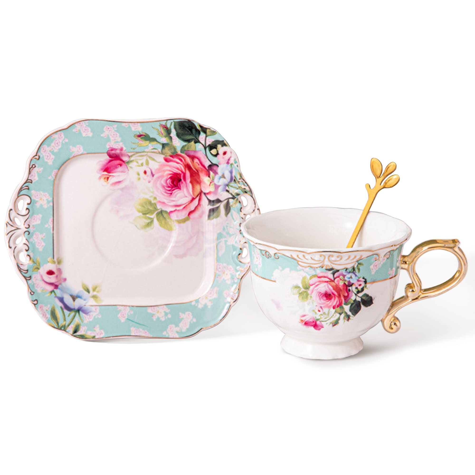 fanquare Floral Tea Cup with Saucer, Vintage Coffee Tea Cup Set, Ceramic Coffee Cup for Breakfast Afternoon Tea, Green