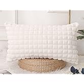 PANOD Faux Fur Decorative Long Lumbar Throw Pillow Covers 16 x 26,3D Plaid Pattern Plush Extra Long Boho Rectangle Pillow Covers Pillow Case Cushion Case for Bed Sofa Bedroom Livingroom,White