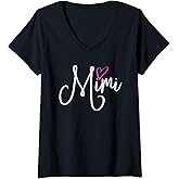Womens Mimi with Pink Heart Fun Grandmother Gift V-Neck T-Shirt