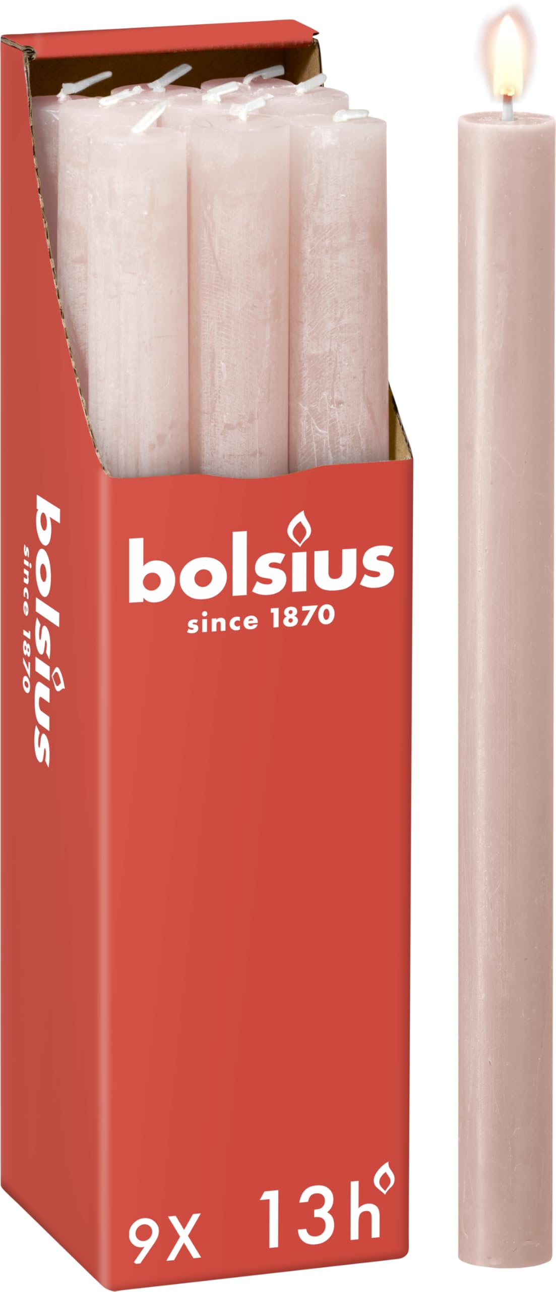 Bolsius Rustic Dinner Candles - Light Pink - Pack of 9 - Long Burning Time of 13 Hours - Household Candle - Interior Decoration - Unscented - Natural Vegan Wax - 27 x 2.3 cm โ image 1
