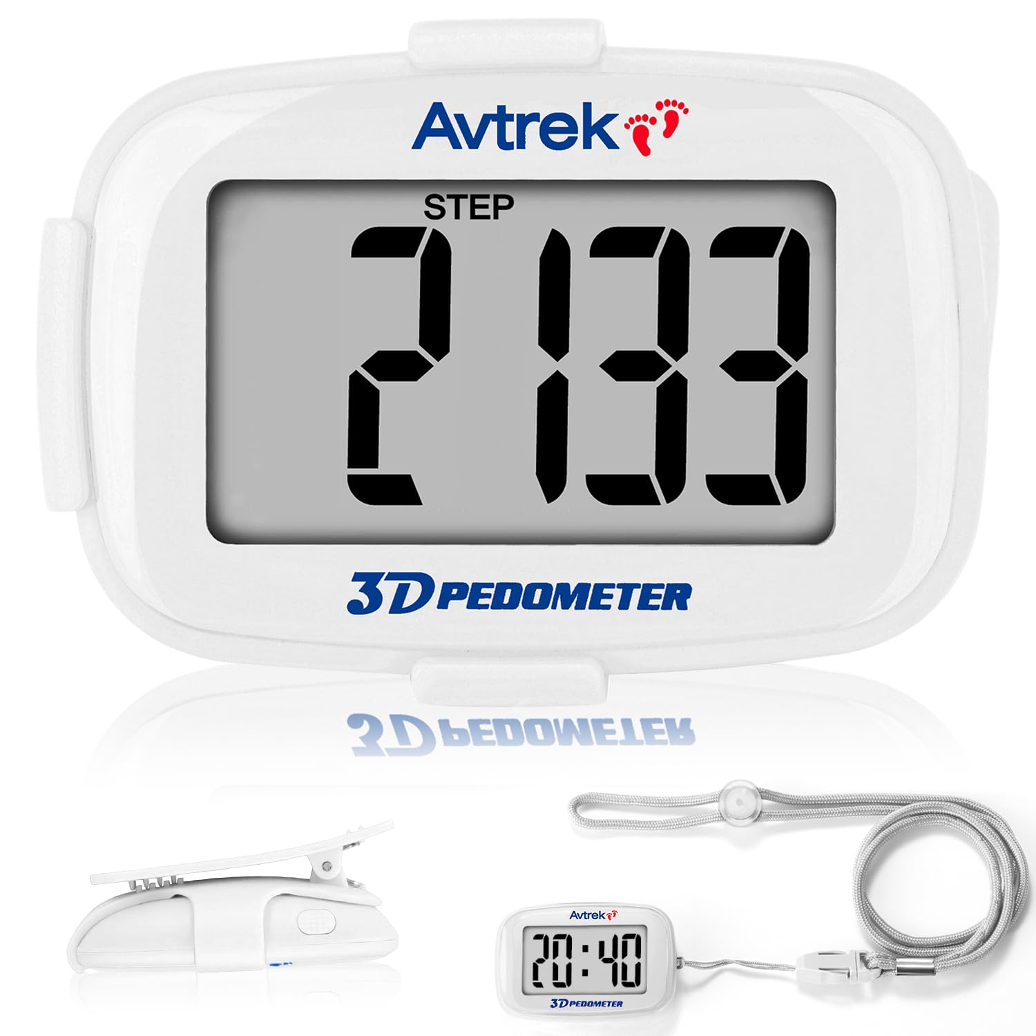 AVTREK Step Counter with Clip and Lanyard, 3D Pedometer With Time Display and LED Backlight, Simple Step Counter for Walking Running, Men Women Elder(White)