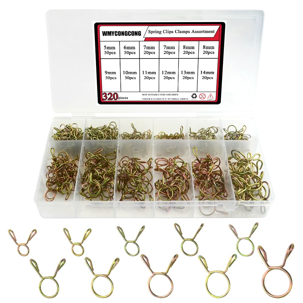 WMYCONGCONG 320 PCS Spring Hose Clamps 5-14mm, Small Hose Clamps Fuel Line Hose Water Pipe Air Tubing Spring Clips Clamps Assortment Kit