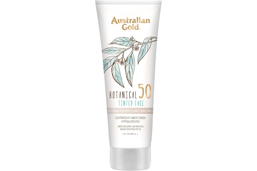 Australian Gold Botanical SPF 50 Tinted Face Sunscreen, Non-Chemical BB Cream, Water-Resistant, Matte Finish, Sensitive Skin, 3 FL Oz