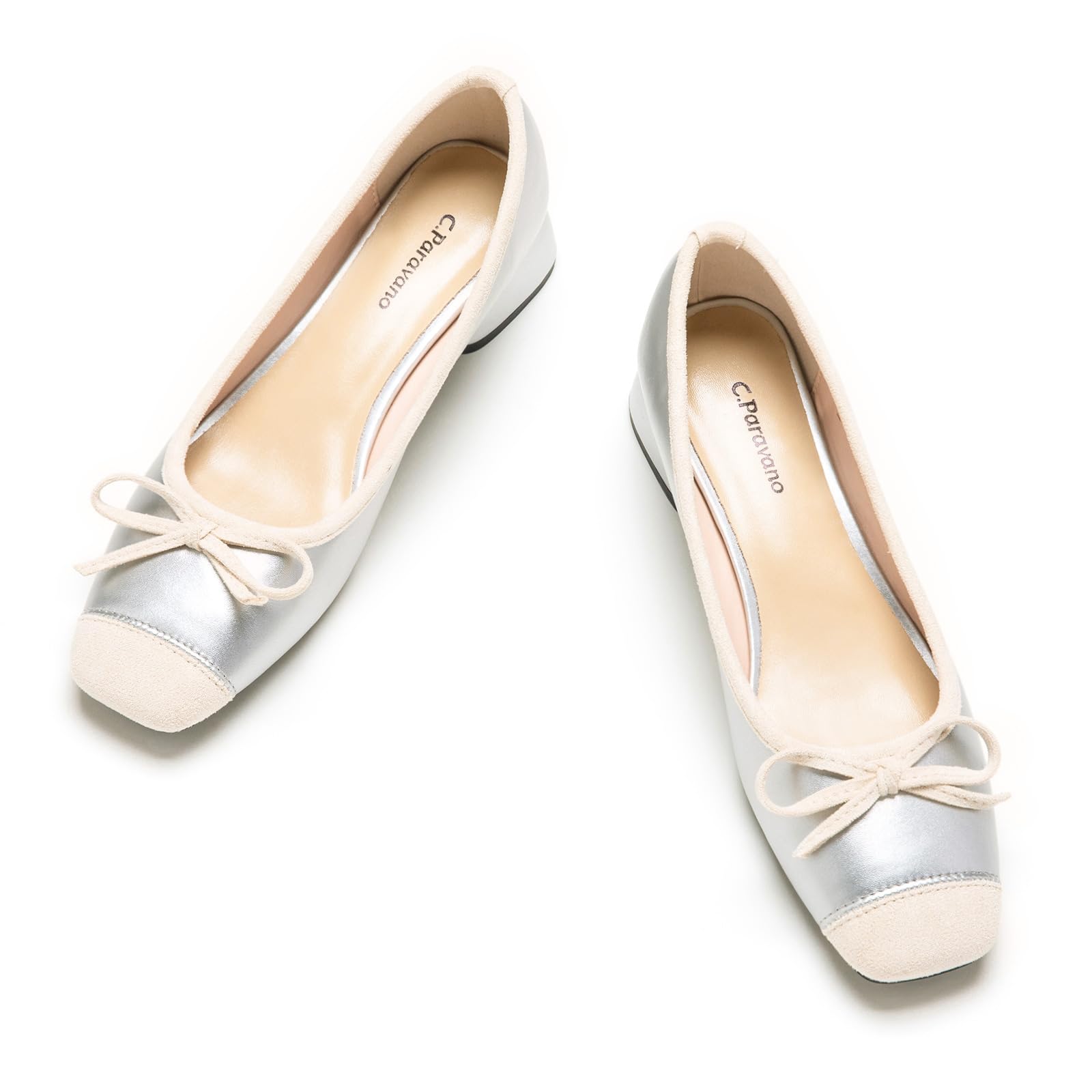 Photo 1 of C.Paravano Low Heel Dress Shoes for Women | Elegant Slip On Heels with Bowknot | Comfortable Square Toe Pumps | Wedding Work Office Heeled Shoes(Silver, 40)