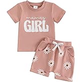 COORALLY Mamas Girl Baby Girl Outfit Short Sleeve T-shirts Daisy Elastic Waist Shorts Set Summer Clothes