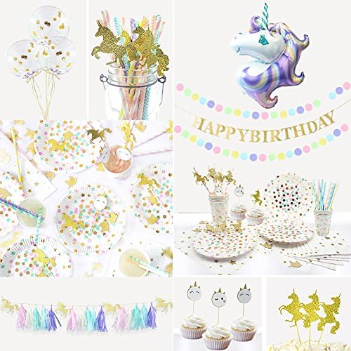 Big Unicorn Party Package Gold Glitter Birthday Banner Unicorn Tassel Garland Unicorn Table Confetti Unicorn Cake Topper Unicorn Paper Cups &amp; Plates and Unicorn Balloon
