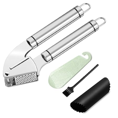 Edelstahl Knoblauchpresse, Edelstahl-Presse mit gratis Silikon-Knoblauchschäler zur Verarbeitung von Knoblauch und Ingwer, Kn
