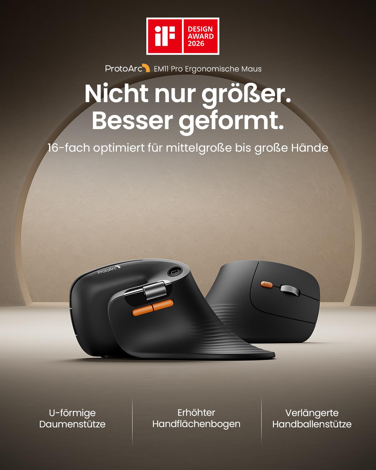 ProtoArc EM11 Pro Ergonomische Vertikale Maus mit Seitenscroll, Anpassbare Tasten, 2*Bluetooth + 2,4G Kabellos, Wiederaufladbar, Vertikal Funkmaus für Büro PC/Mac/Windows/Linux 2