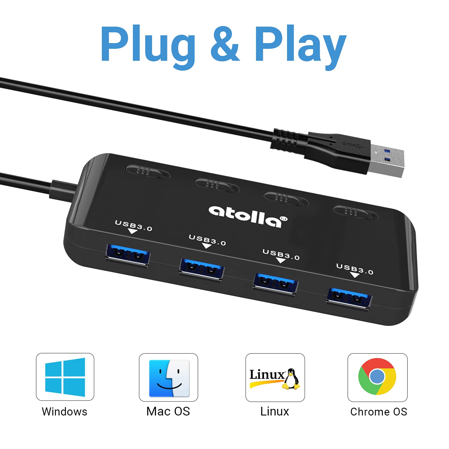 atolla USB Hub mit 4 USB 3.0 Ports, 60cm Kabel, Ultra dünn USB Verteiler mit einzelnen Power Schalter und LEDs für PC, Mac Pro/Mini, iMac, MacBook Air, Surface Pro, Flash Drives, Mobile HDD 5