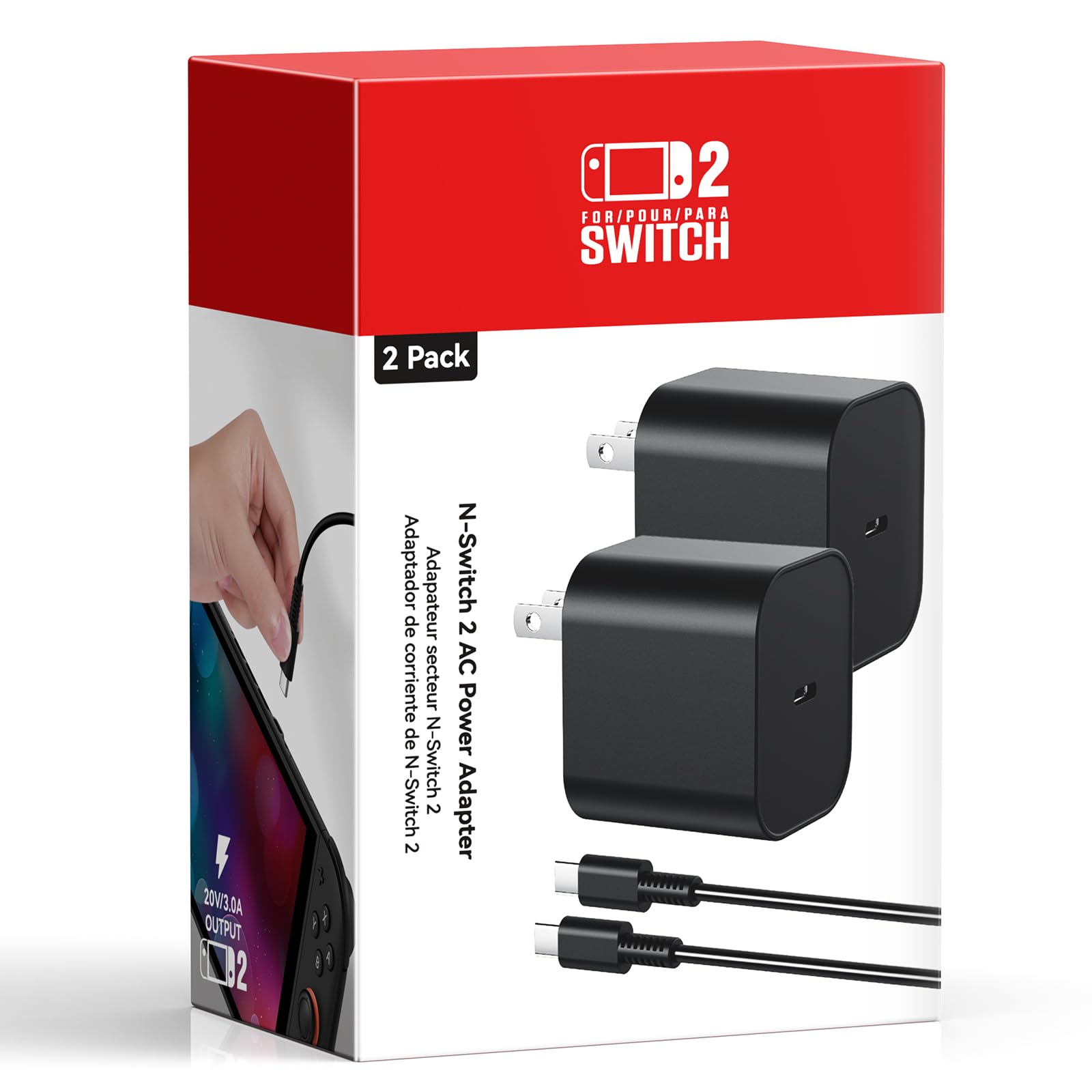 Photo 1 of [2 Pack] Switch 2 Charger, 60w AC Power Adapter, (5FT+10FT) Cable Cord Bundle – 4K TV Dock Mode Support, PD 3.0 Fast Charging Block (20V/3A) – Compatible with Nintendo Switch 2/Switch 1/OLED(5FT+10FT)