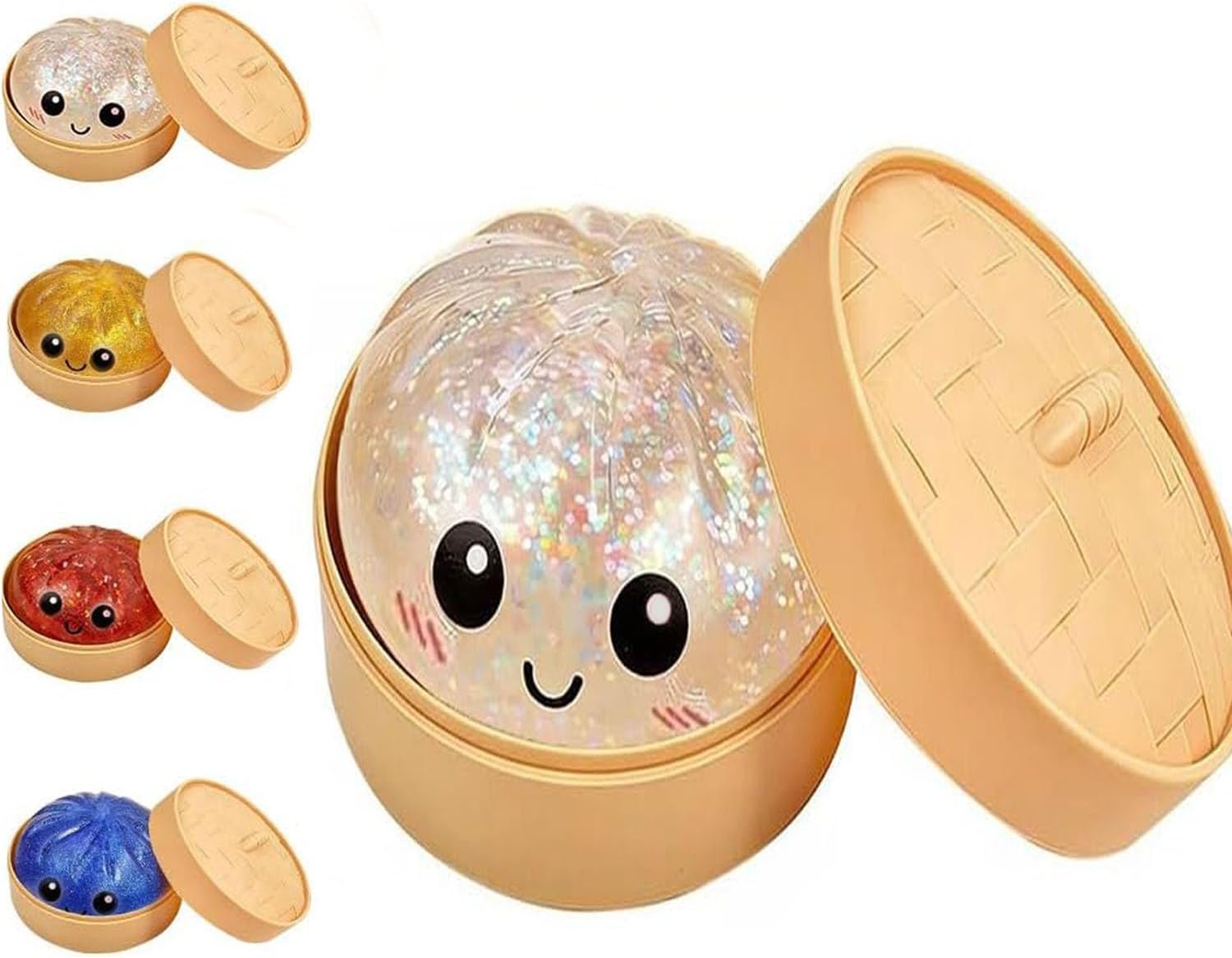 Glitter Dumpling Squishy, 2026 New Bun Squeeze Stress Relief Ball with Steamer Box for Stress Relief, More Surprises (White)