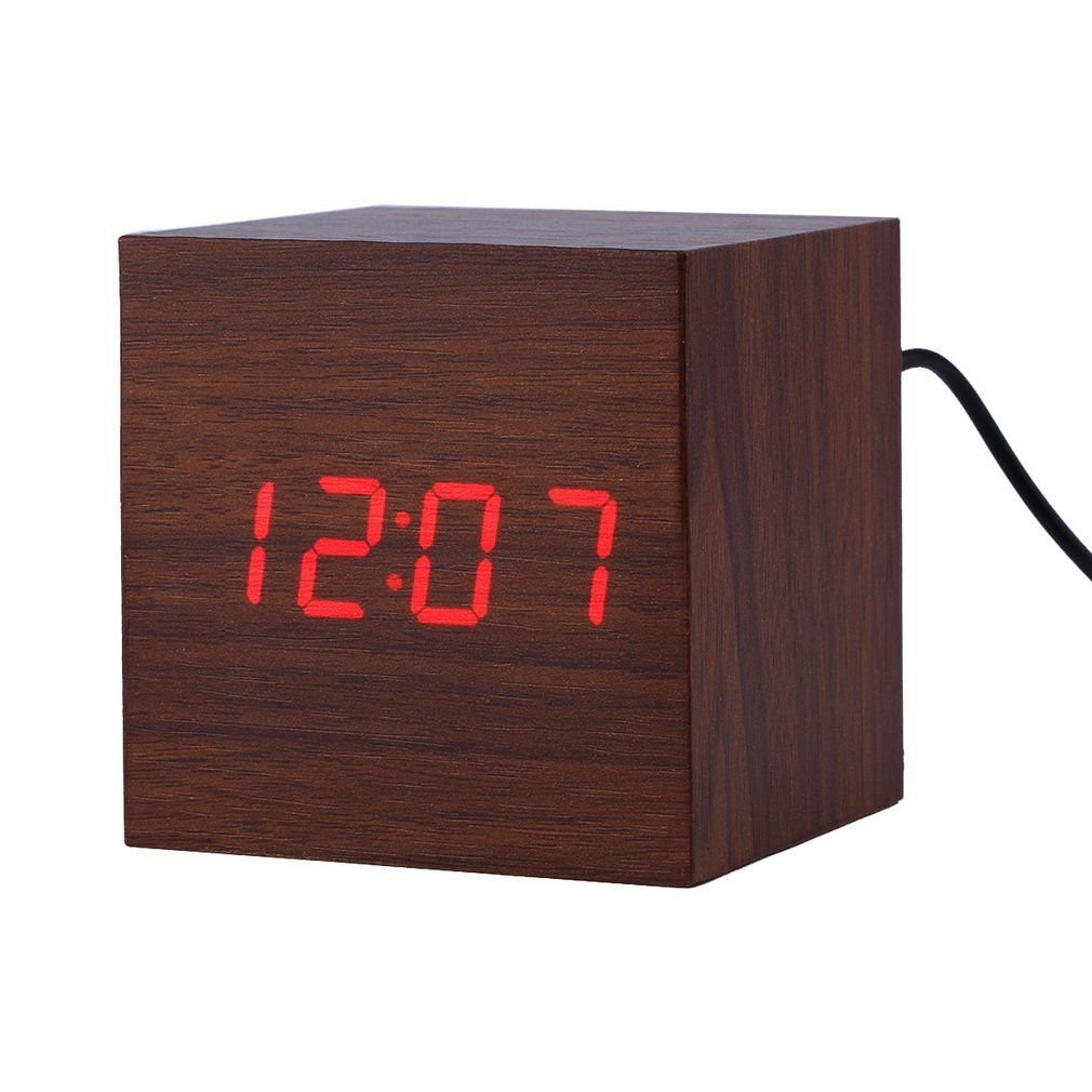 LED Digital Alarm Clock ixaer Wood Digital LED Brown Alarm Clock with Time Date Hygrometer And Temperature Clock - Multi-functional Small Silent Modern Style Electronic Alarm Clock
