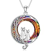 TOUPOP Cat Gifts for Cat Lovers One Two Three Four Cats Necklace Sterling Silver Cats on the Moon Pendant Necklace with Blue Circle Crystal Birthday Christmas Celtic Jewelry Gifts for Women