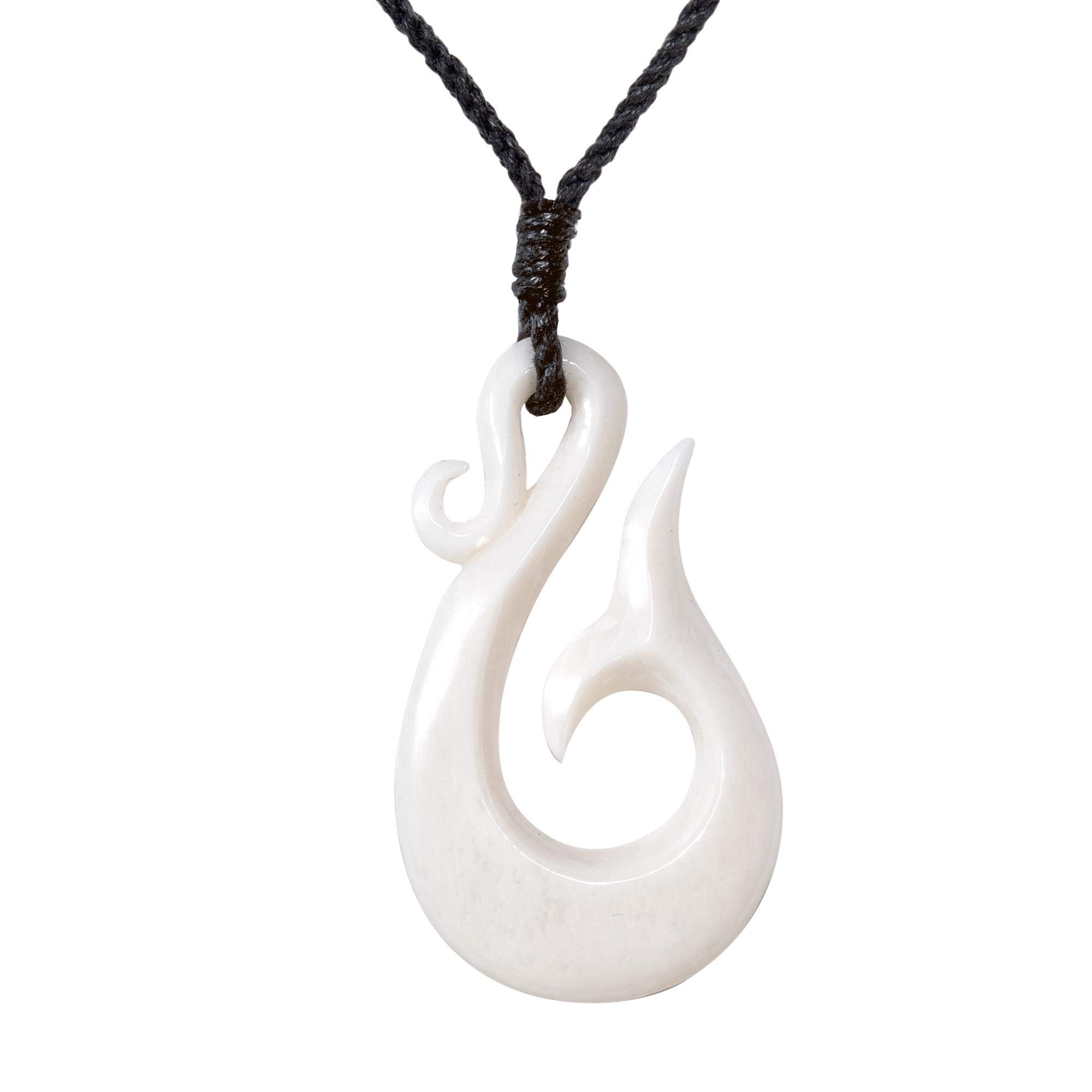 81stgeneration Hand-Carved Bone Large HEI Matau Whale Tail Pendant - Men's Surfer Accessories - Handmade Tribal Fish Hook Necklace - Maori-Style Koru Spiral Amulet - Natural Jewellery for Women