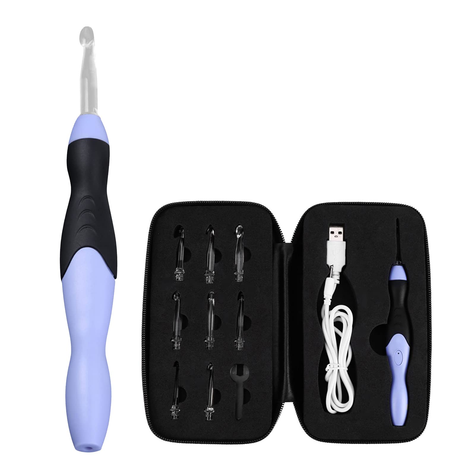Crochet Hooks Set, LED Light up Crochet Hook with USB Charger Cable, USB Rechargeable Lighted Crochet Hook with Interchangeable Heads 2.5-6.5MM Knitting Tools with Replaceable Tips