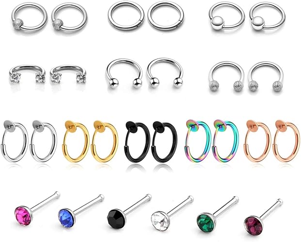 PiercingJ 28pcs Stainless Steel 16G Crystal Nose Rings 8mm