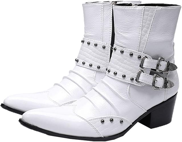 Amazon ジョイジョイ ウェスタンブーツ メンズ 騎士靴 ベルト付 本革 白 マーティンブーツ 男性 ミドルカット ミリタリー 防寒 レザー ポインテッドトゥ サイドジップ 防滑 スノーブーツ くしゅくしゅ エンジニア ホワイト ブーツ