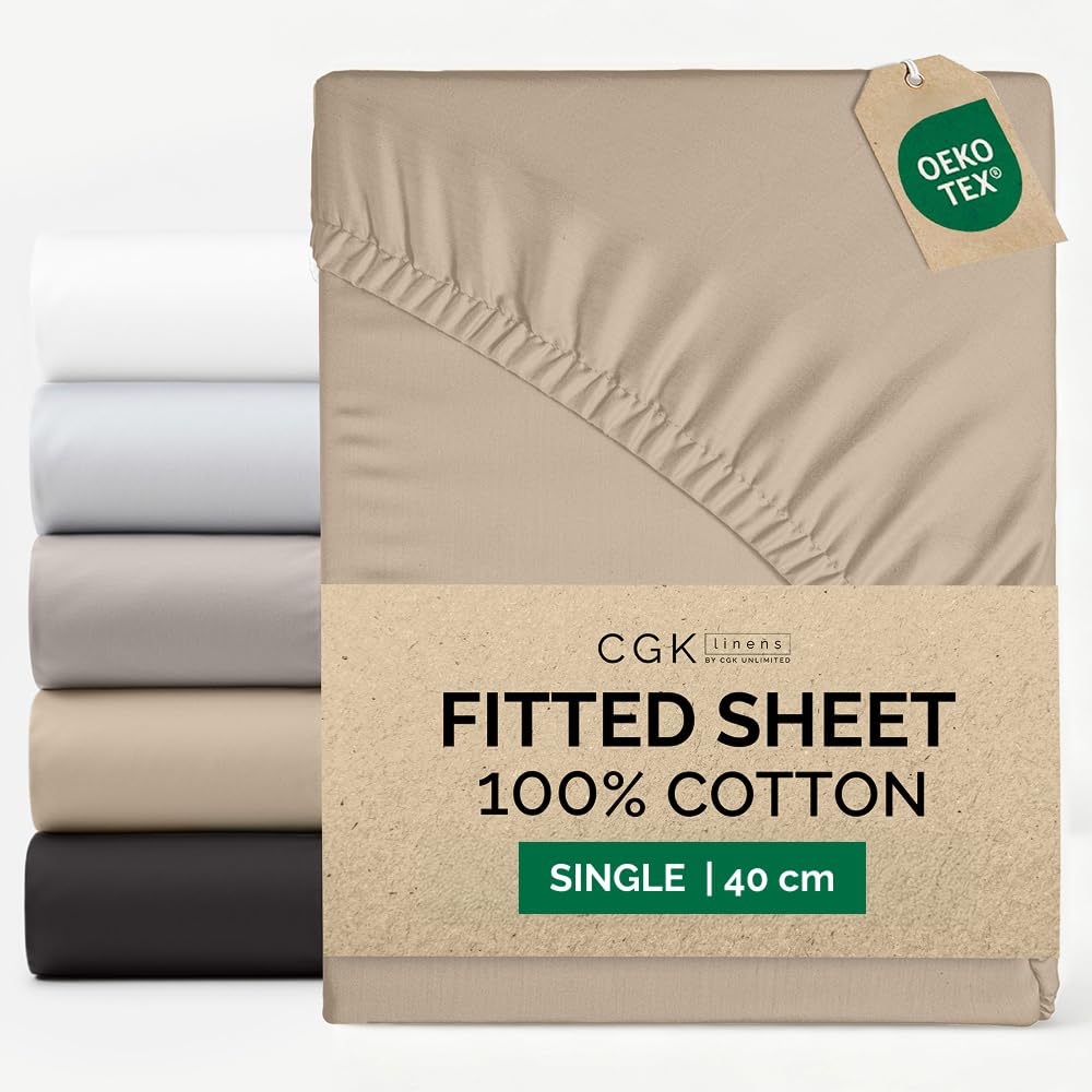 Single Fitted Sheet 90x190 cm - 100% Cotton Sateen 400 Thread Count - Extra Deep Fitted Sheet for Mattresses up to 40 cm (16") - Soft, Breathable, Wrinkle Free - OEKO-TEX Certified - Cream