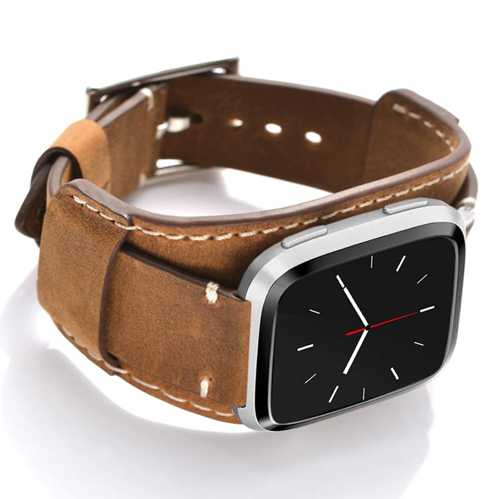 CooBES Compatible with Fitbit Versa 2 Straps, Genuine Leather Cuff Bracelet Replacement Band with Stainless Steel Buckle Compatible Fitbit Versa/Versa 2/Versa Lite/Versa SE (Brown)