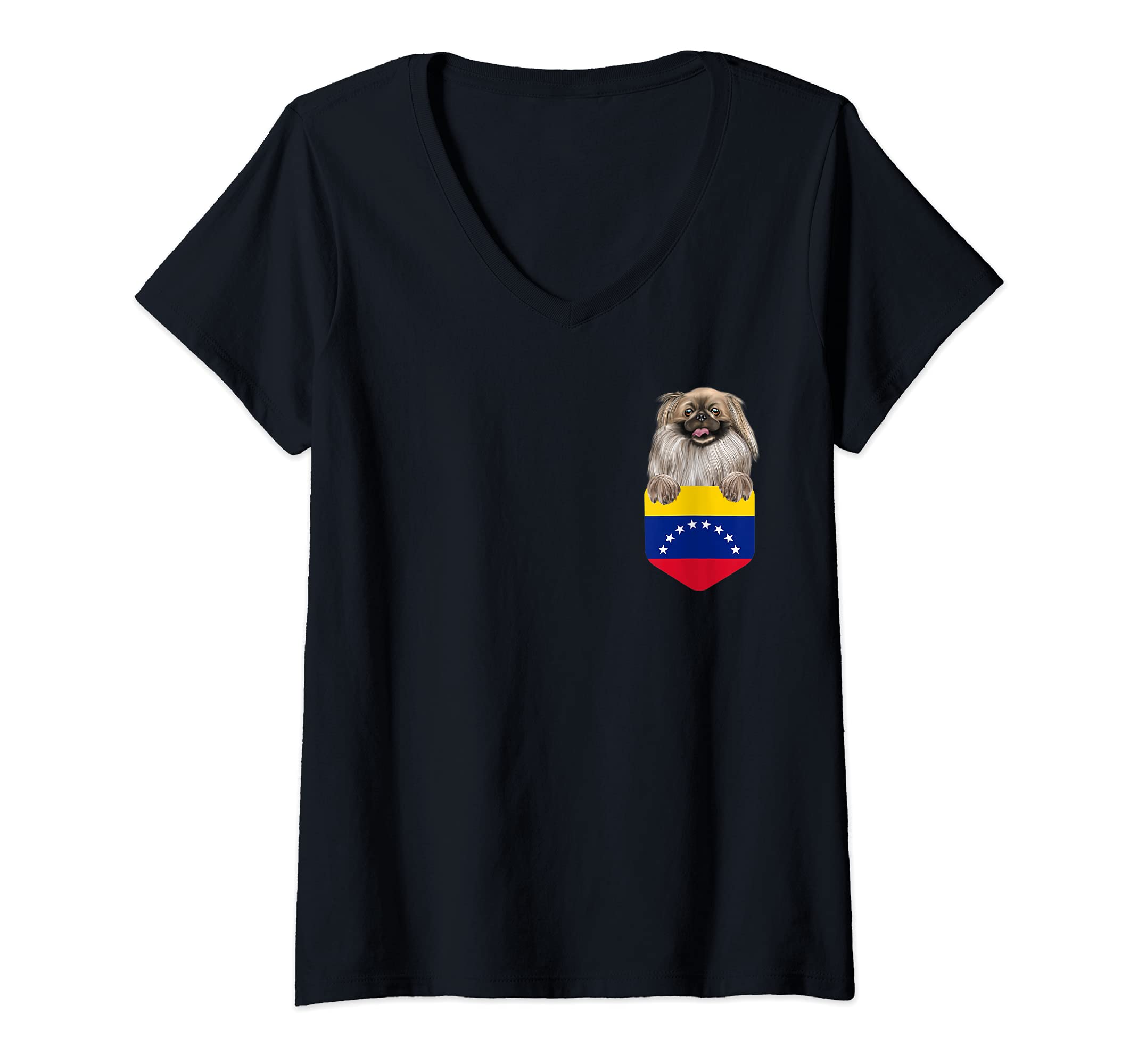 Womens Venezuela Flag Pekingese Dog In Pocket V-Neck T-Shirt