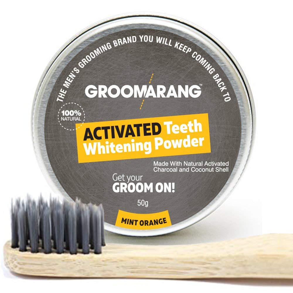 Groomarang Activated Charcoal And Coconut Shell Mint Orange Teeth Whitening Powder 50g FREE Bamboo Toothbrush