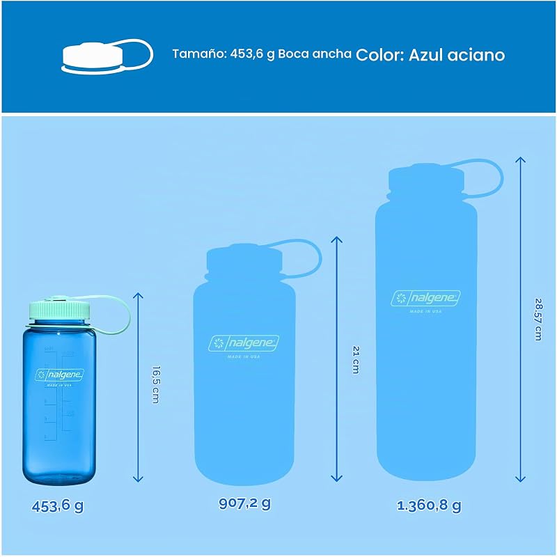 Botella de agua, ligera, sostenida Tritan sin BPA, inastillable, para mochileros, senderismo, gimnasio, 16 onzas, boca ancha, azul aciano