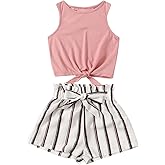 OYOANGLE Girl's 2 Piece Outfits Summer Tie Knot Tank Top and Paperbag Waist Striped Shorts Set