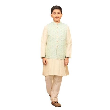 Elegant Printed Kurta, Waistcoat and Pyjama Set For Boys