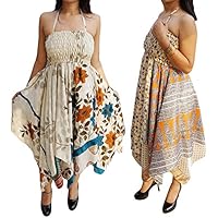 Mogul Interior Lot Of 2 Veronica Womens Halter Dress Vintage Recycled Sari Handkerchief Hem Summer Sundress