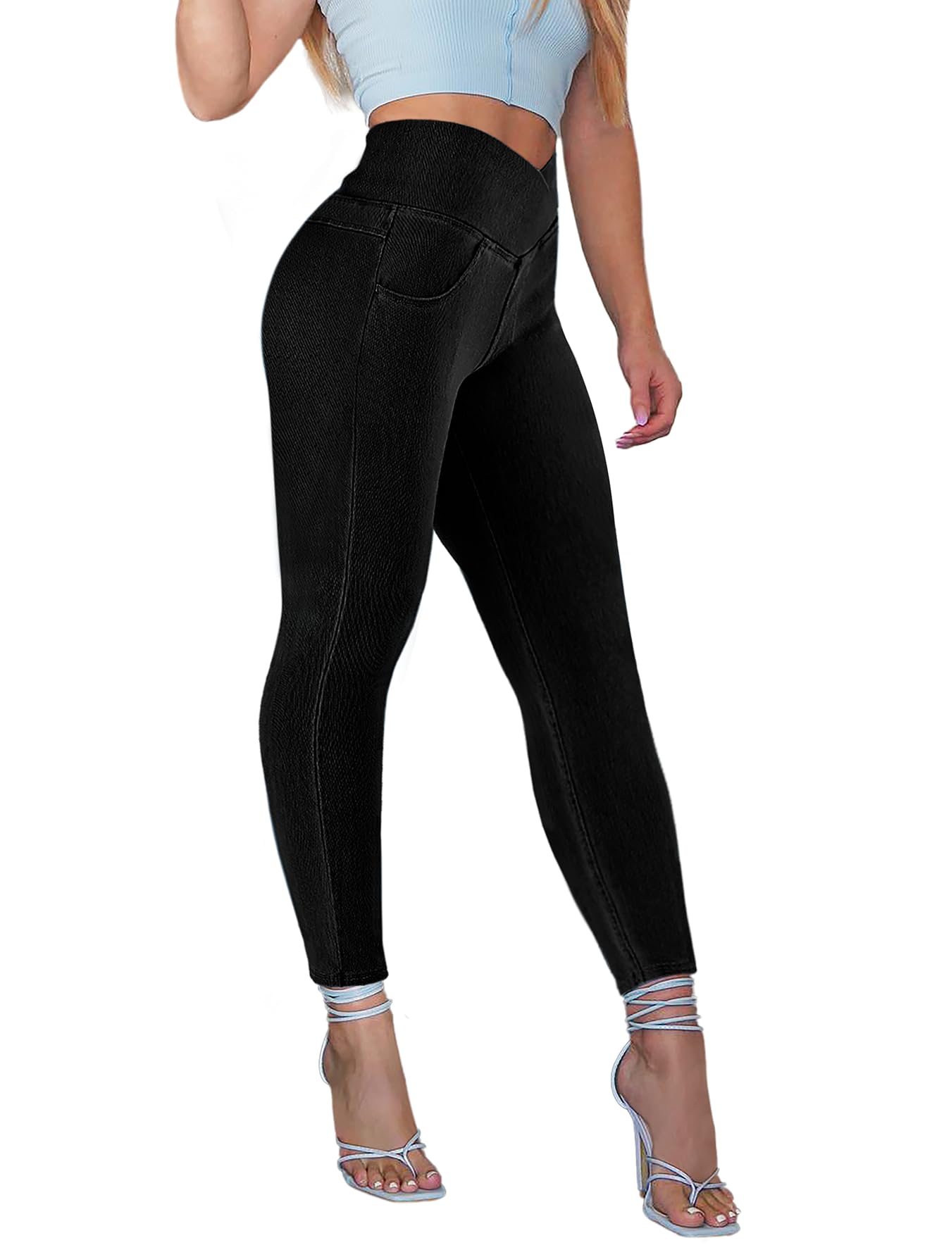 Photo 1 of AIMILIA Crossover Jeggings for Women Tummy Control High Waist Pull On Stretchy Jeans Denim Leggings with Pockets Slimming Black