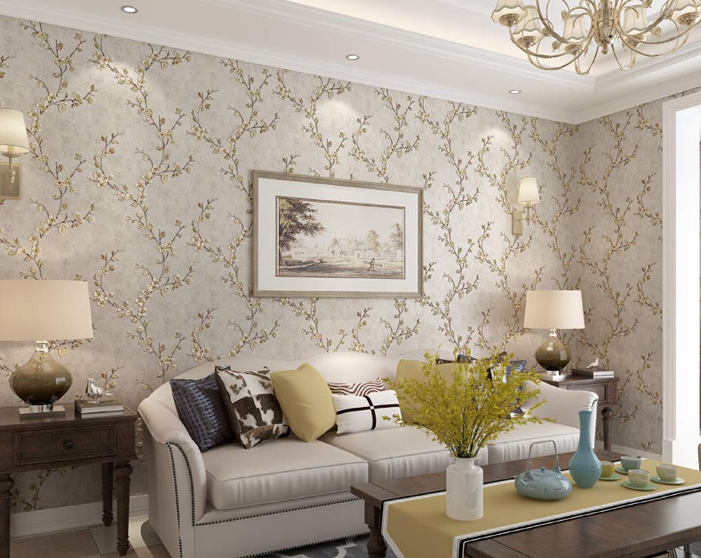 Retro American Pastoral Style Flower Tree Non-Woven 3D Bedroom Living Room Home TV Background Non-Pasted Wallpaper Light Gray 1.73'W x 32.8'L