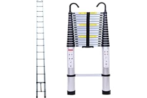 DICN Telescoping Ladder 6.2M/20ft Aluminum Extension Folding Ladder with 2 Hooks, Portable Heavy Duty Multi-Purpose Telescopic Ladder with Slip-Proof Feet Silver