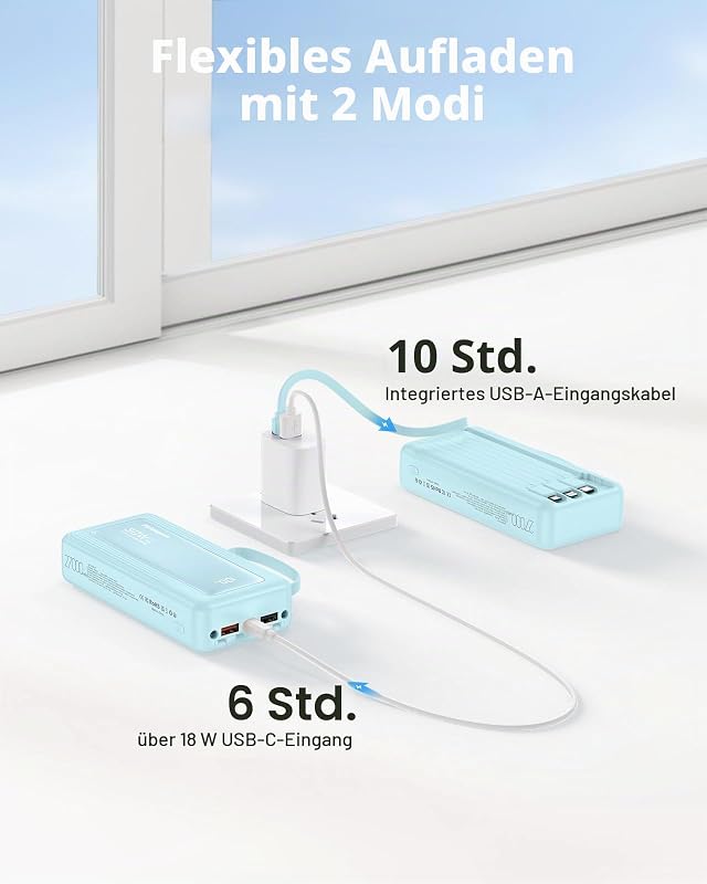 Powerbank 27000mAh mit 4 integrierten Kabel, 30W USB C Schnellladefunktion