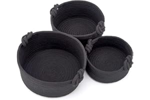 EZOWare Set of 3 Small Nursery Round Cotton Rope Knit Basket Cubes, Woven Storage Organizer Bins for Changing Table, Kids Baby Closets, Room Decor, Dog Cat Items, Towels, Gift Baskets Empty - Black