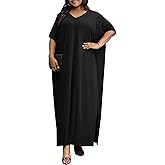 Runwind Women’s Kaftan Maxi Dress Casual V Neck Loose Split Short Sleeve Long Dresses for Church Vacation Plus Size