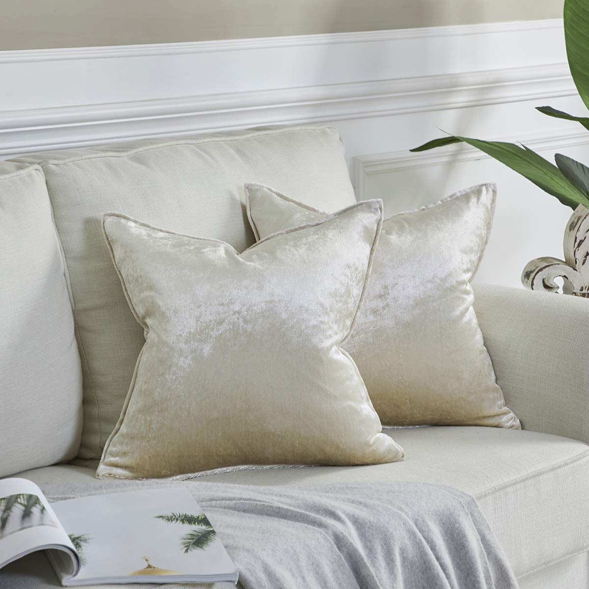 OMMATO Velvet Cushion Covers 20x20 inch Square Cream Decorative Throw Pillow Covers for Couch Sofa Living Room 50cm x 50cm 2 Pack