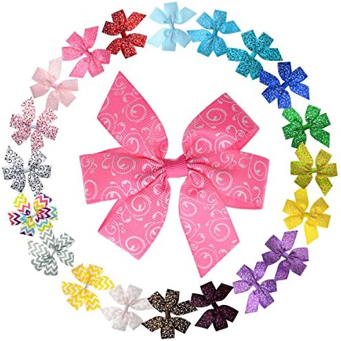 20 Bulk 3.5 Inch Boutique Printed Ribbon Pinwheel Hair Bows Clips For Baby Girls Teens Toddlers Newborn LCLHB