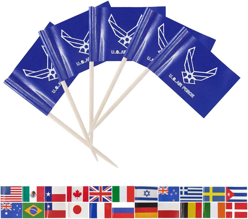 Tectsia 100Pcs Air Force Wing Toothpick Flags, Small Mini Stick USA Air Force Wing Fruit Cake Topper Flag for US Military Day Party Events Celebration Supplies, Birthday Wedding Dinner Decorations