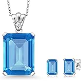 Gem Stone King 925 Sterling Silver Swiss Blue Topaz Pendant and Earrings Jewelry Set For Women (17.45 Cttw, Gemstone November Birthstone, Emerald Cut 18X13MM and 6X4MM, with 18 Inch Chain)