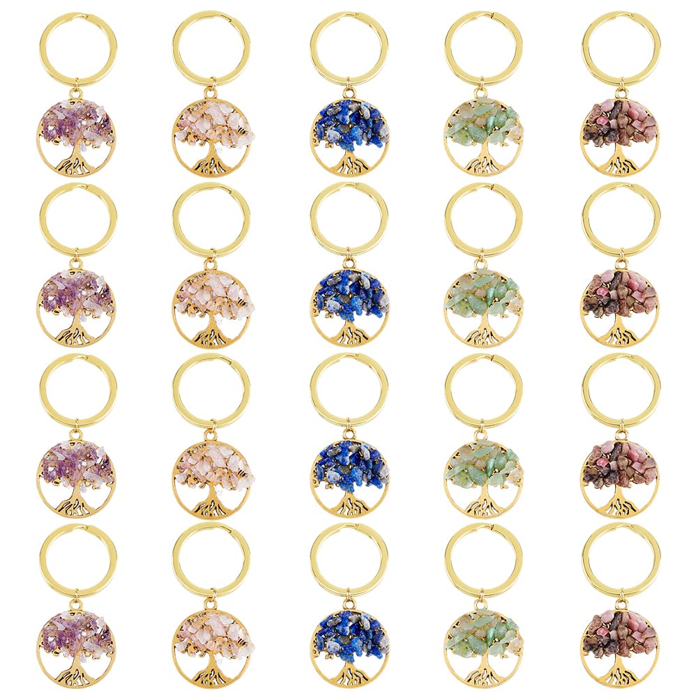 SUPERFINDINGS 20Pcs 5 Styles Tree of Life Keychain Gemstone Keychain Natural Crystal Stone Handmade Keyring Charm for DIY Lucky Bag Charms Keyring