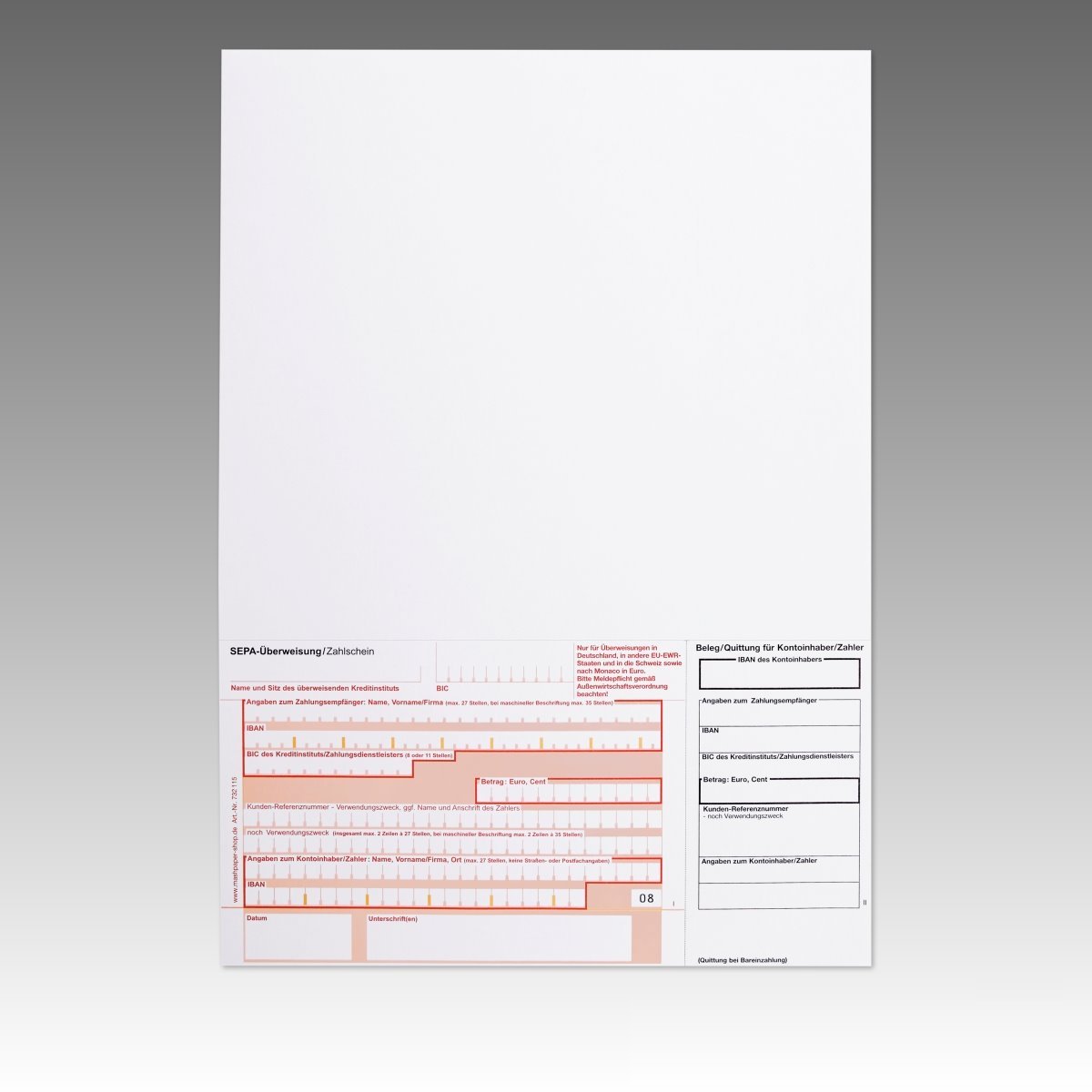 SEPA Überweisungsträger A4 - Zahlscheine Ohne DE Im IBAN Feld 90g/m² Papier 100 Stück