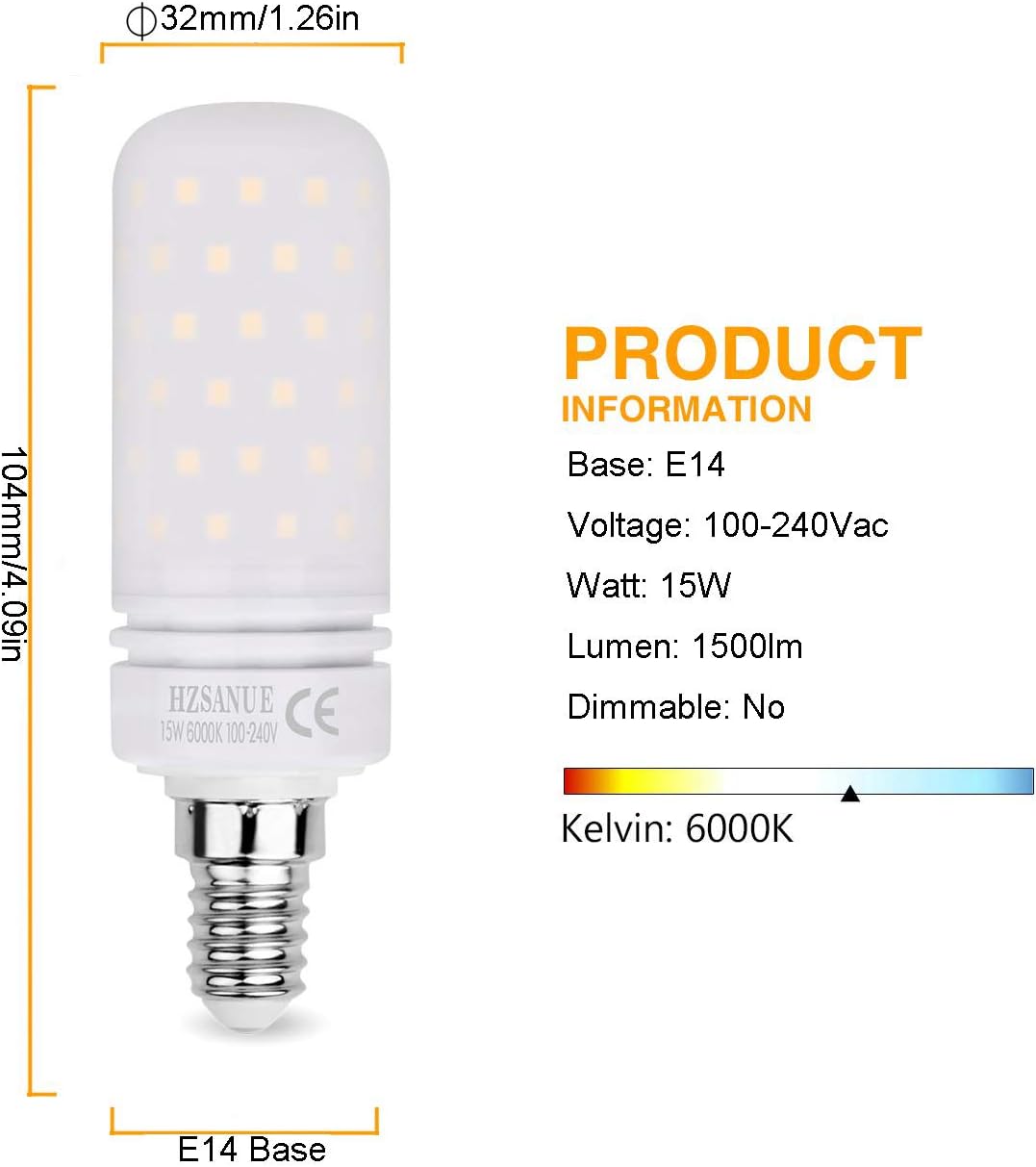 HZSANUE Led Light Bulbs 15W, 120W Incandescent Bulbs Equivalent, 1500Lm, 6000K Daylight White - Image 3