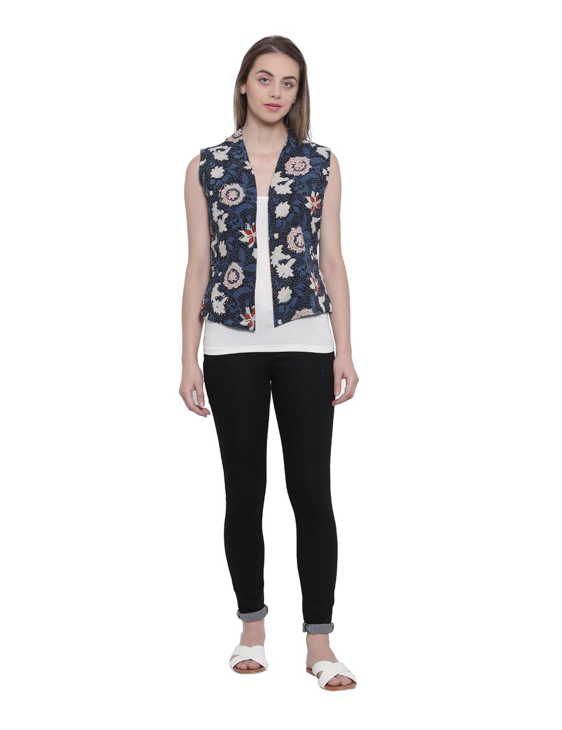 soochirang women's hand block printed sleeveless pure cotton reversible short waist coat