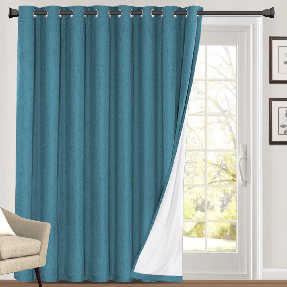 PrinceDeco 100% Blackout Curtains for Sliding Glass Doors Linen Blackout Curtains 108 Inches Long for Bedroom Extra Wide Sliding Glass Door Curtain for Living Room,W100 X L108 Inch,Blue Sapphire Image