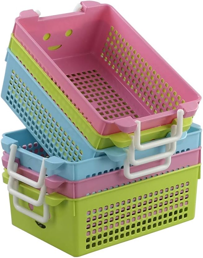 Mayish 5L Plastic Stackable Basket with Carry Handles, Official Stackable Plastic Storage Basket, 6 Pack, Pink Blue Green